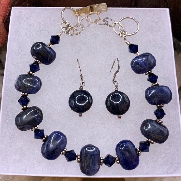 Dark Blue Sodalite Stone Sterling Silver 925 Bracelet Earrings Set J521 - Picture 2 of 6
